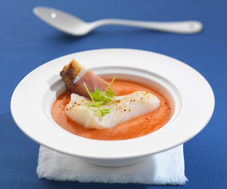 Gaspacho, cabillaud et jambon cru