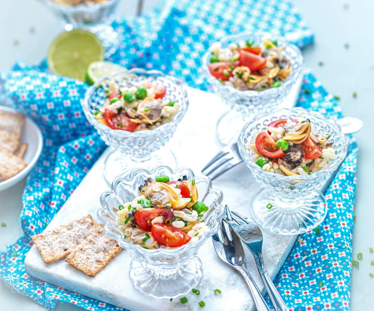 Verrine de coques, blé et petits pois