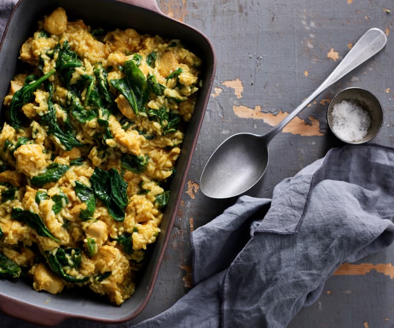 Arroz de coelho e espinafres