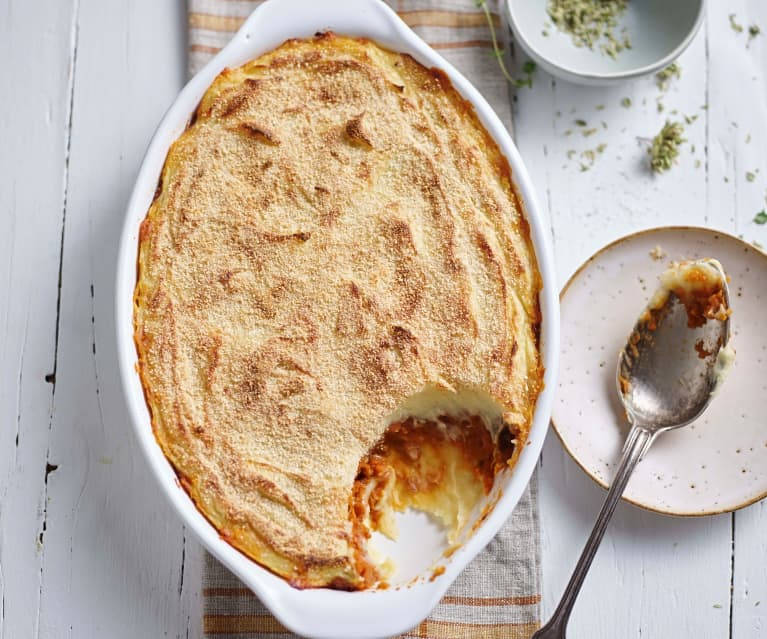 Vegetarischer Parmentier mit Auberginen-Linsen-Bolognese