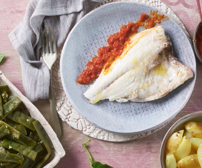 Menú: dorada con patatas, judías verdes y salsa de tomate (para dos)