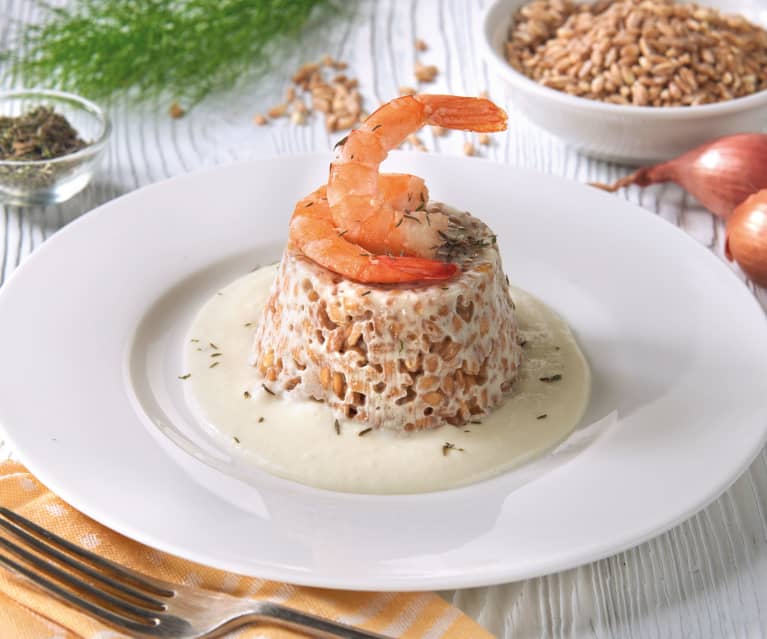 Tortino estivo di farro, topinambur e mazzancolle