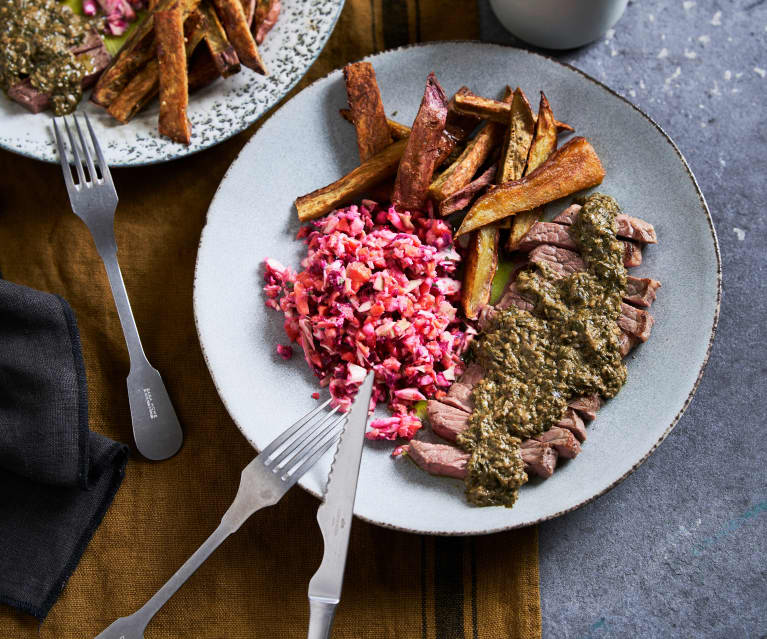 Bife da vazia com molho tipo "Brasserie de l’Entrecôte" e batata-doce