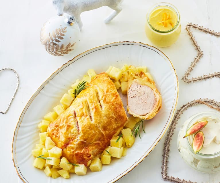 Menù: Mousse di stracchino e fichi secchi, Filetto di maiale natalizio alla Wellington e crema pasticcera all'arancia (Bimby Friend)