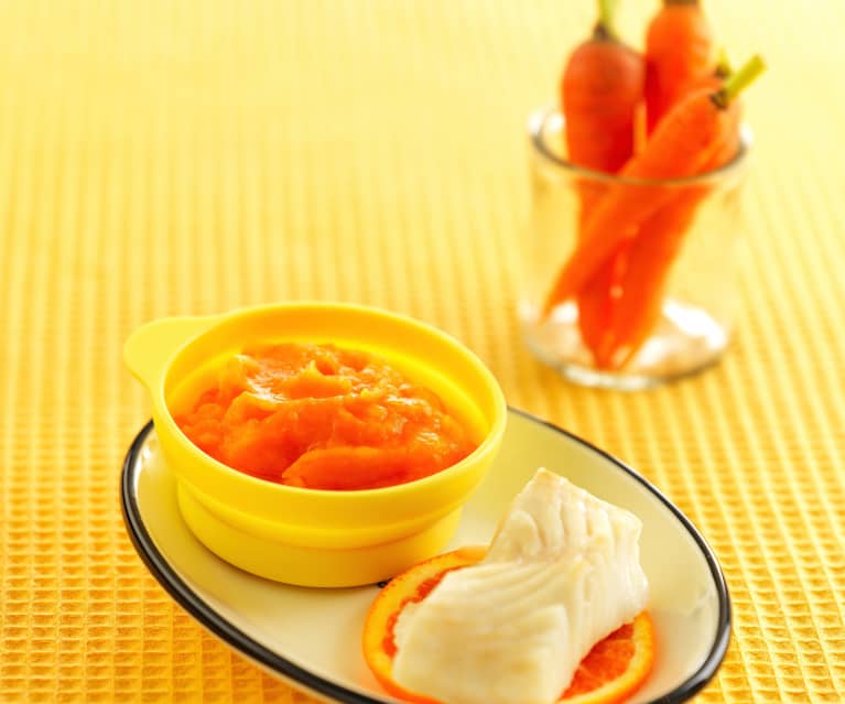 香橙胡萝卜土豆泥配清蒸鳕鱼(13~18个月辅食)