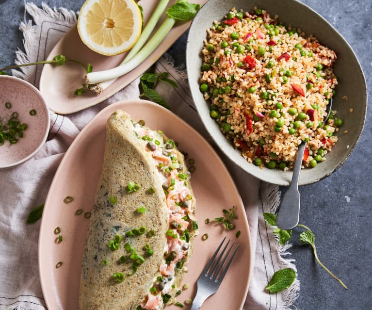 Bulgur com legumes e omelete com salmão fumado