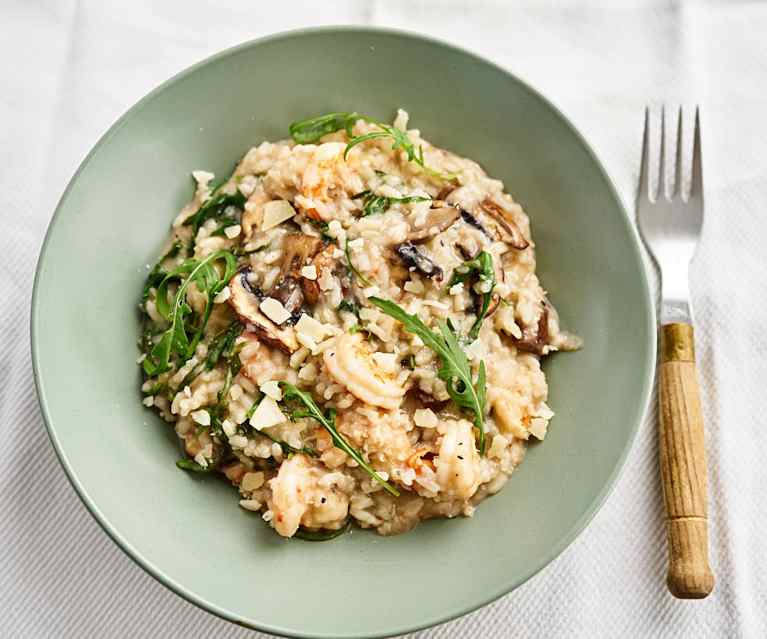 Risoto de camarão, rúcula e cogumelos Risoto de camarão, rúcula e cogumelos