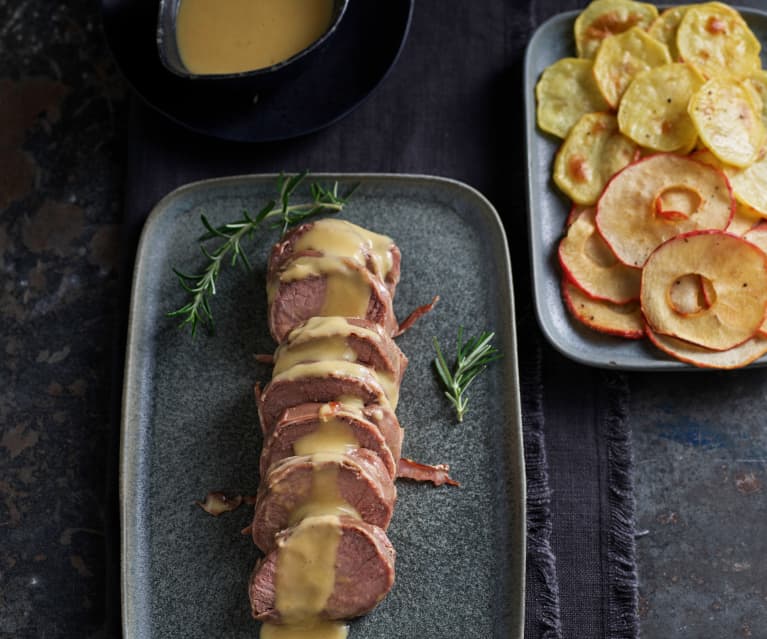 Ternera con chips de patata y de manzana (Al vacío)