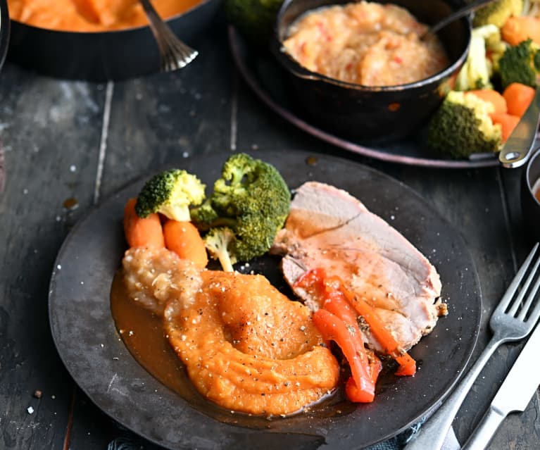 Roast Pork with Chutney, Vegetables, Mashed Sweet Potatoes and Sweet Wine Sauce