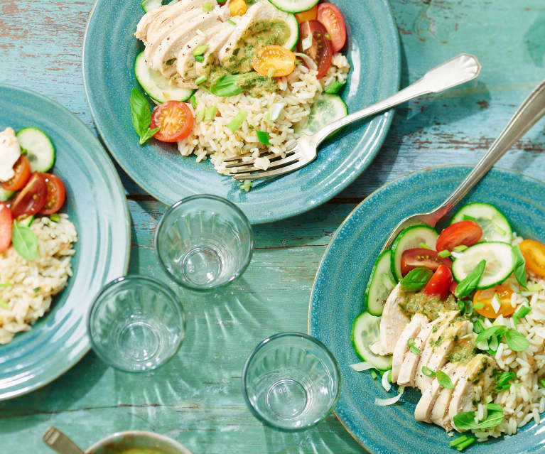 Salade de riz et poulet, vinaigrette tomate-basilic