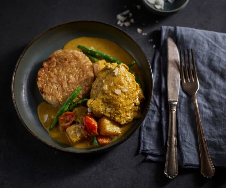 Pollo al curry caribeño con piña y arroz dulce