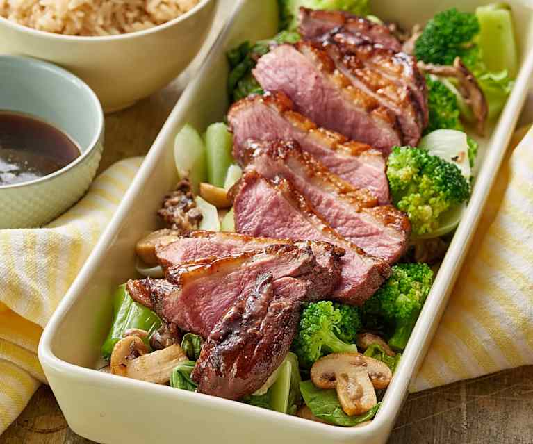 Five-spice Duck with Mushrooms, Asian Vegetables and Rice Five-spice Duck with Mushrooms, Asian Vegetables and Rice