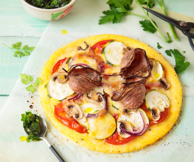 Pizza de polenta à l'andouille