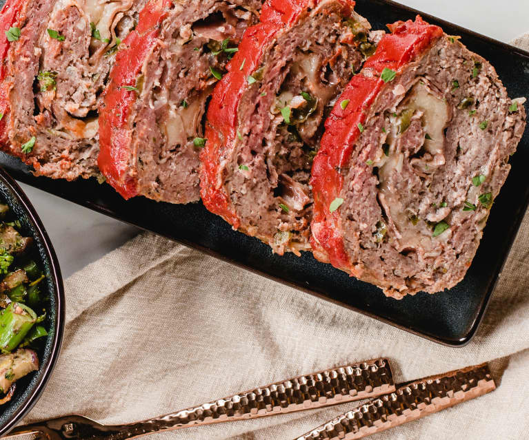 Cheesy Stuffed Meatloaf with Broccolini and Eggplant