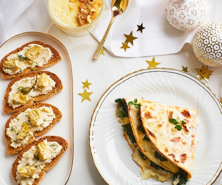 Menù: Tartine con mousse ai carciofi, crêpes cavolo nero e Gorgonzola, crema al cioccolato bianco con nocciole e amaretti (Bimby Friend)