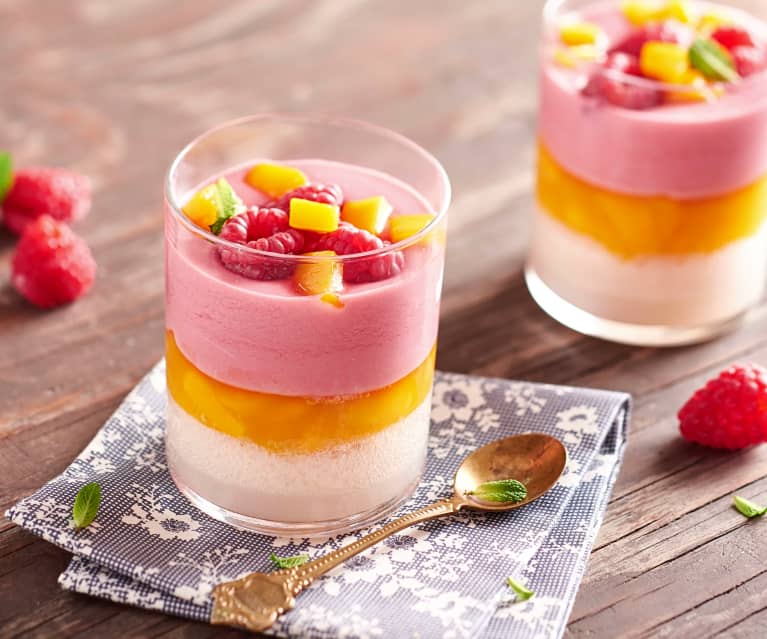 Verrine fraîcheur litchi-mangue-coco-framboise