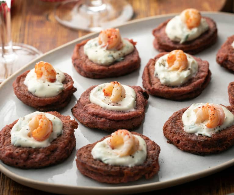 Gluten-free Beetroot Blinis with Horseradish Cream and Crayfish