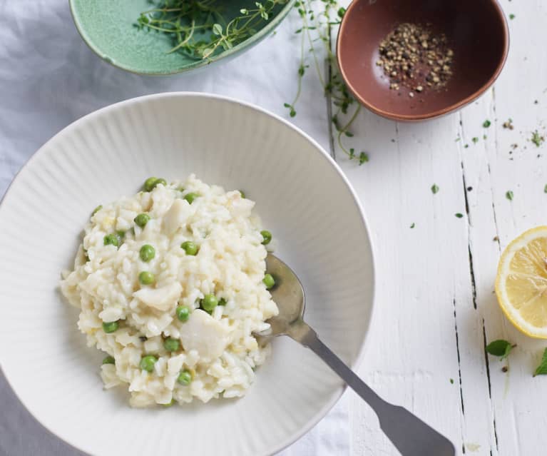 Risotto de bacalao y guisantes con menta