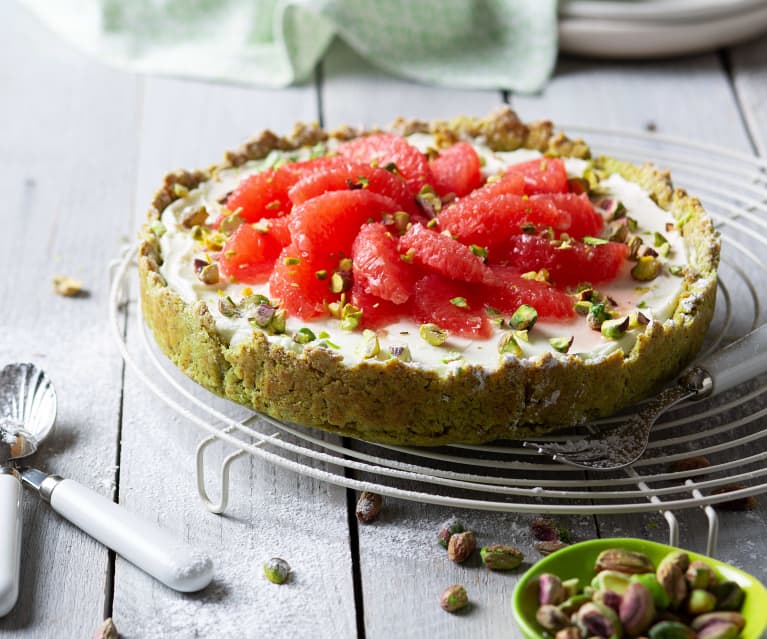 Tarta de pistacho, mascarpone y pomelo