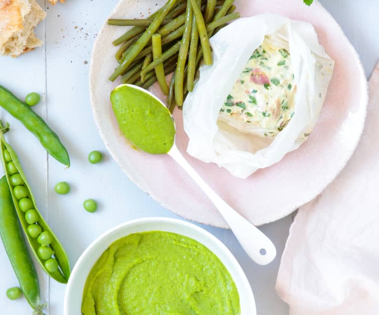 Colin, haricots verts et purée de petits pois à la menthe