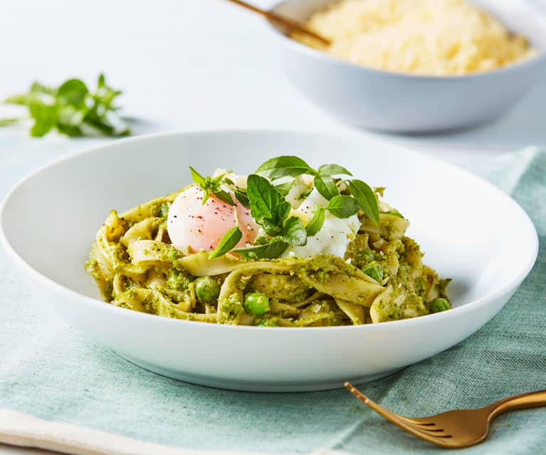 Tagliatelle with Pea Pesto and Poached Eggs