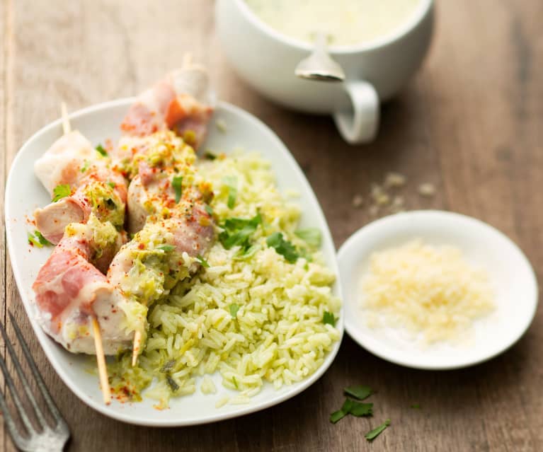 Velouté de poireau au parmesan, poulet bardé au lard