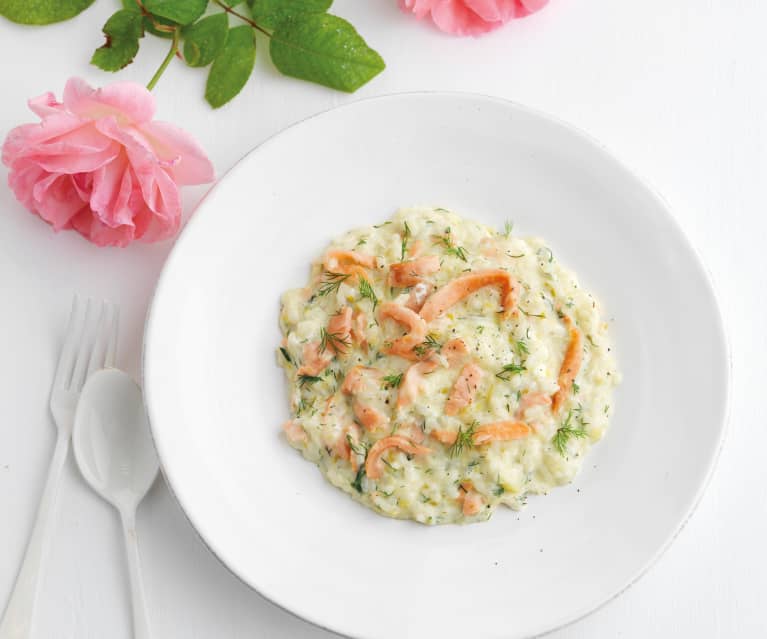 Risoto de salmão fumado e alho-francês