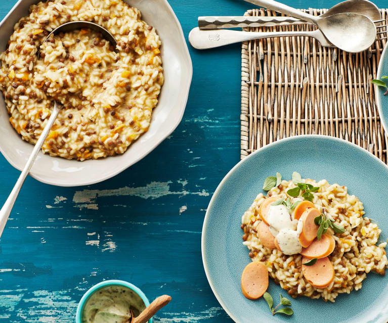 Linsen-Risotto mit Bockwurst