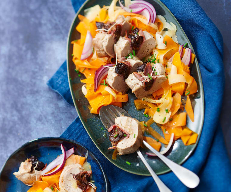 Filet mignon aux pruneaux et tagliatelles de légumes