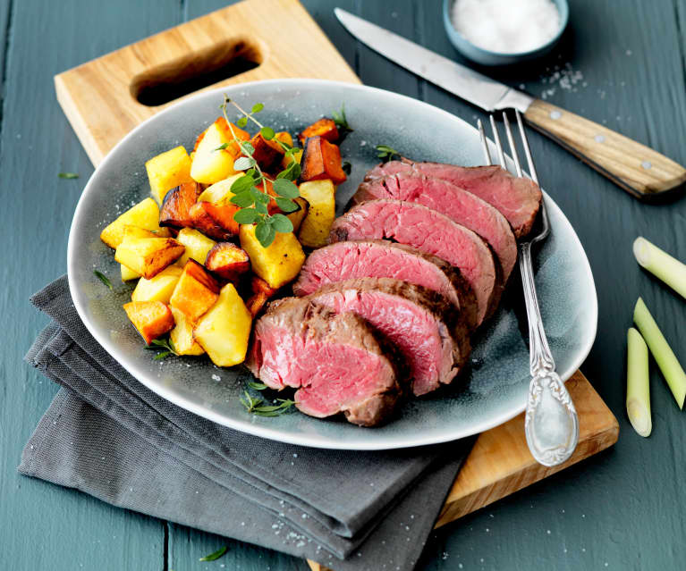 Filet de bœuf saignant à la citronnelle et au basilic (cuisson sous-vide)