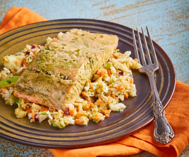 Green Tea Salmon with Asian Slaw