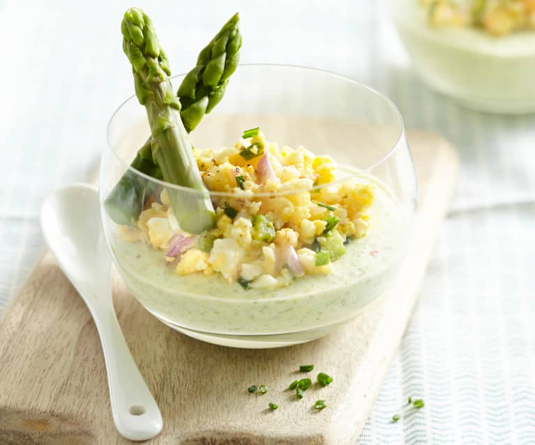 Verrine crème d'asperge verte et mimosa d'asperge aux œufs