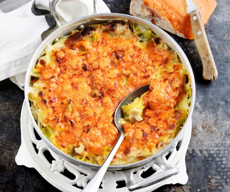 Gratin de lieu et de poireaux au cheddar