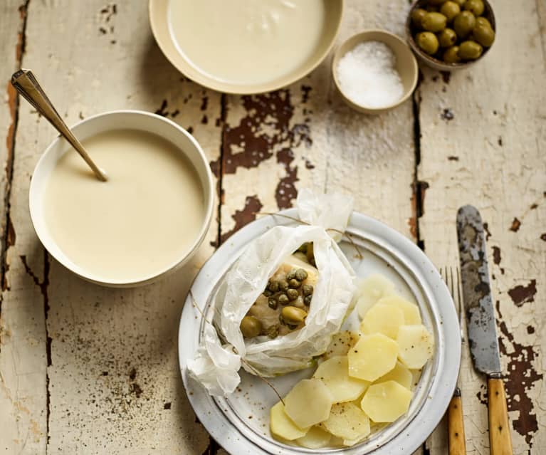 Sopa de nabo e alho & Papelotes de bacalhau com batata, azeitonas e alcaparras