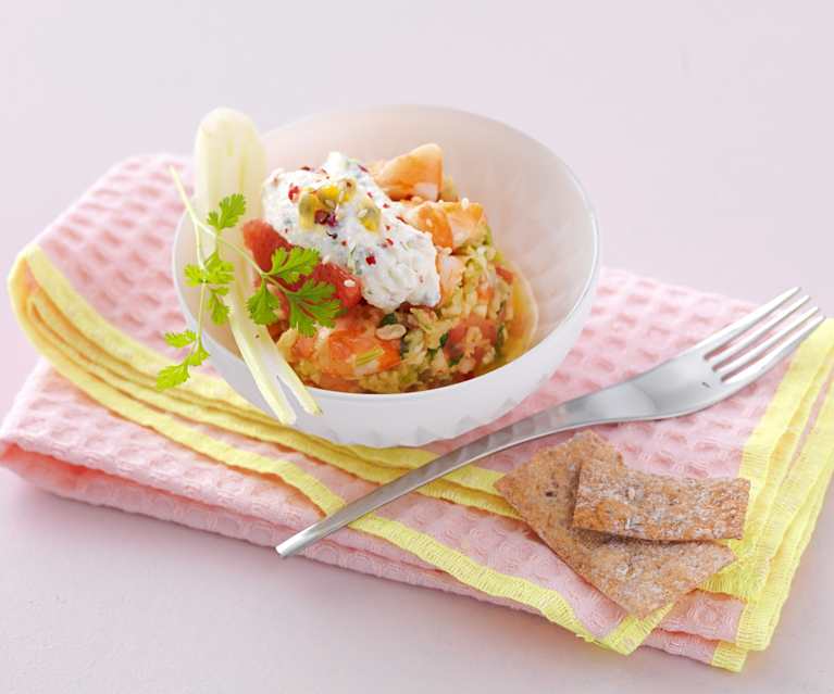 Tartare de crevettes et fenouil aux agrumes, crème de ricotta Passion et baies roses