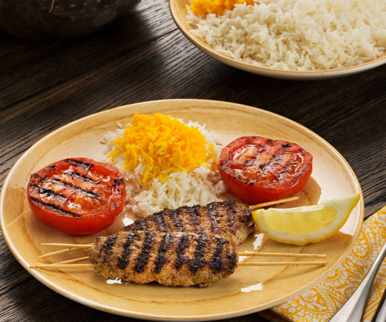 Arroz con azafrán y brocheta kebab (Chelow kabab) - Irán