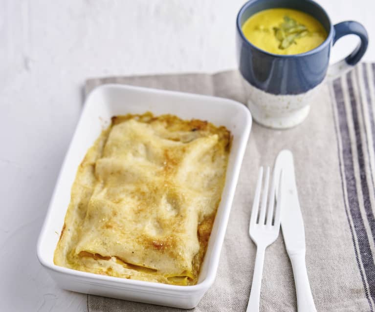 Creme de chuchu e feijão-verde e lasanha de abóbora e cogumelos