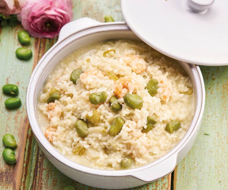 Risoto de favas e camarão