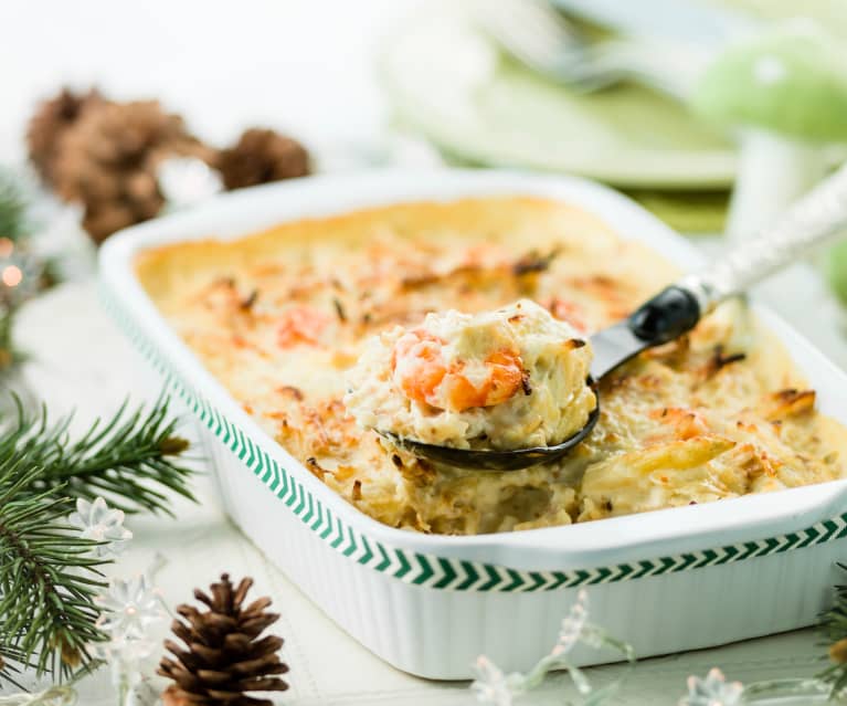 Bacalhau com espargos e camarão