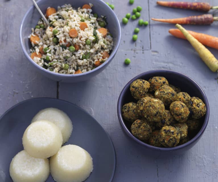 Tofu Meatballs with Rice and Vegan Quindim