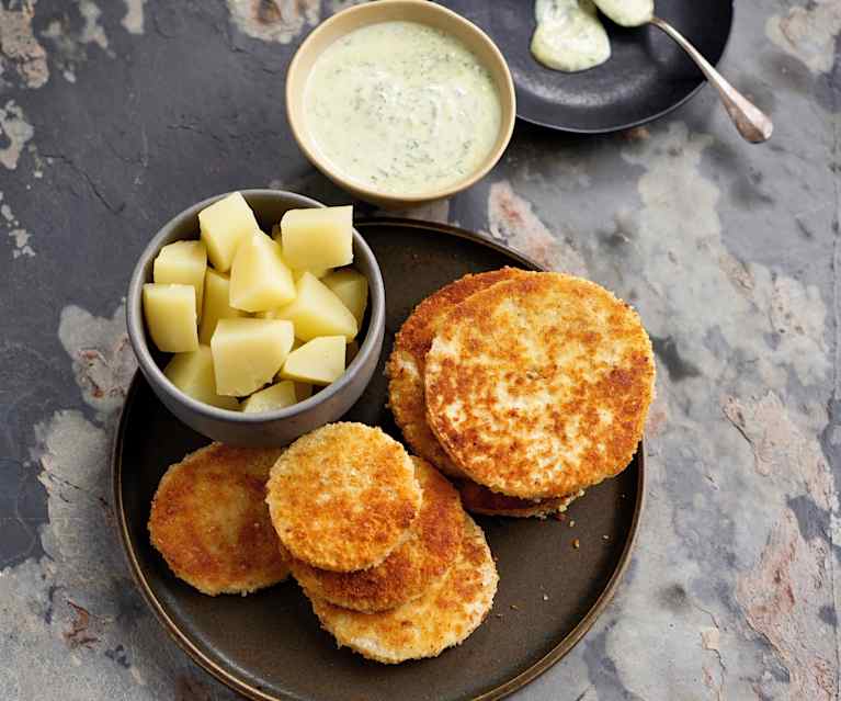 Schnitzel de aipo com molho de iogurte Schnitzel de aipo com molho de iogurte