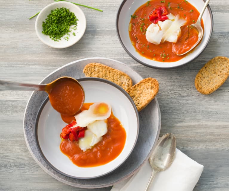 Crema de escalivada con guarnición de bacalao confitado