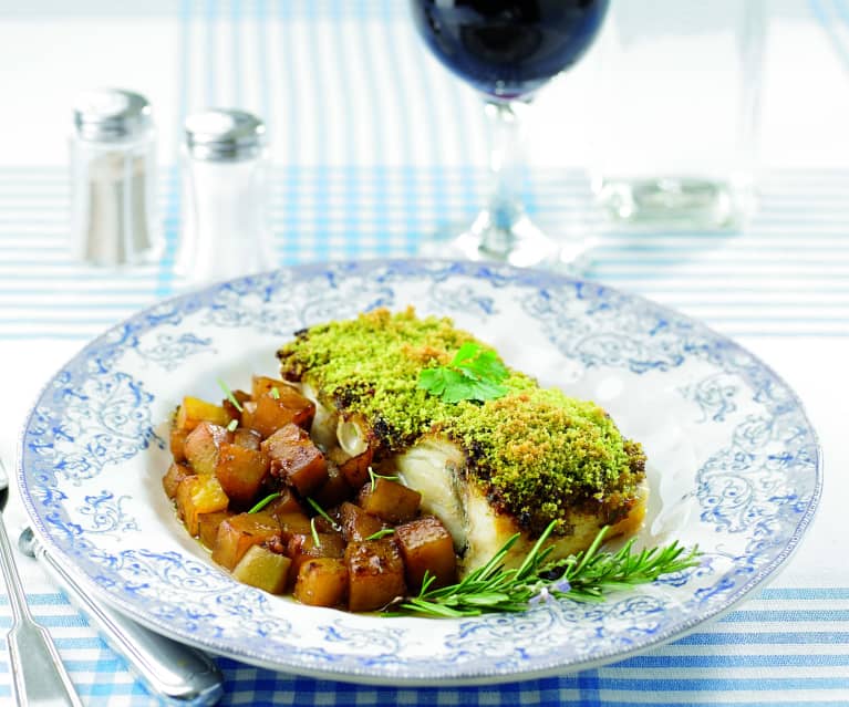 Bacalhau com pesto de tomate com batata doce