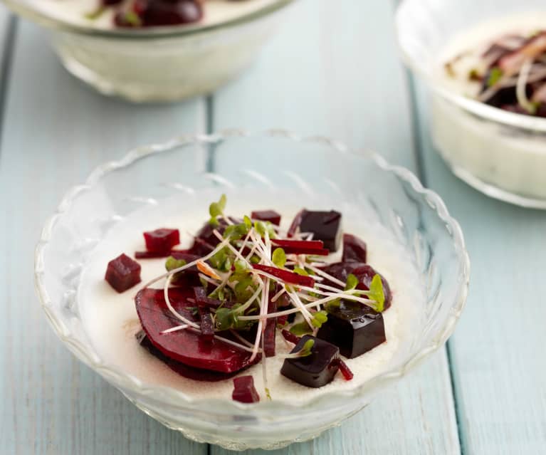 Goat's Cheese Panna Cotta with Beetroot and Port Jelly, Beetroot Gel and Beetroot Pickles