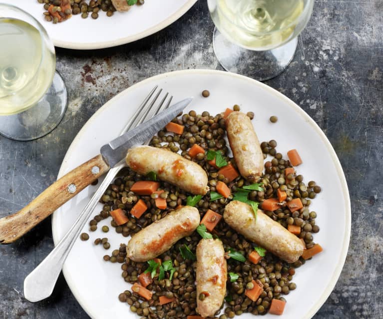 Saucisses de volaille, lentilles et carottes