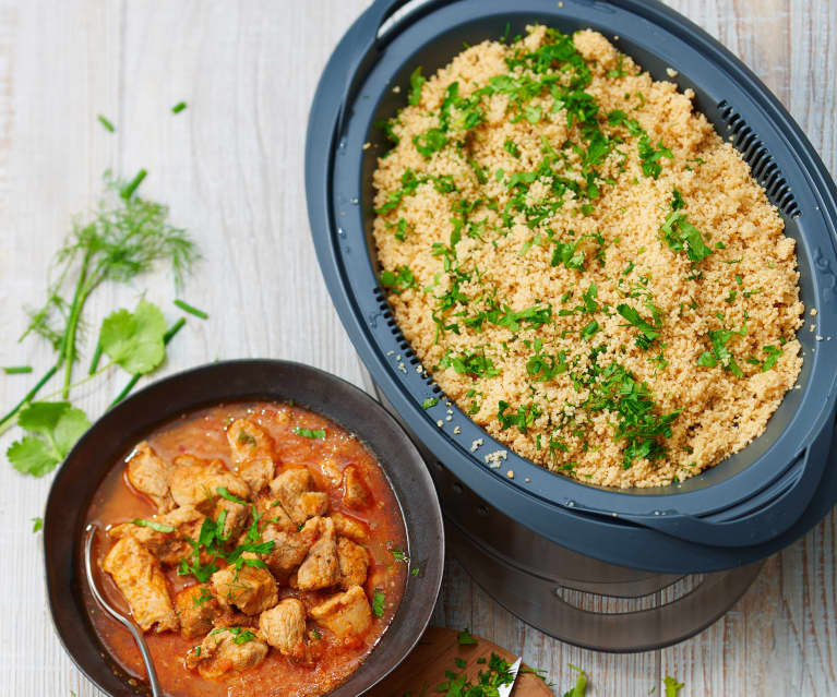 Couscous aux herbes et sauté de porc à la harissa