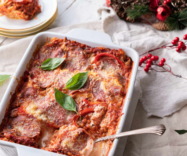 Bolonhesa de lentilhas com salame no forno