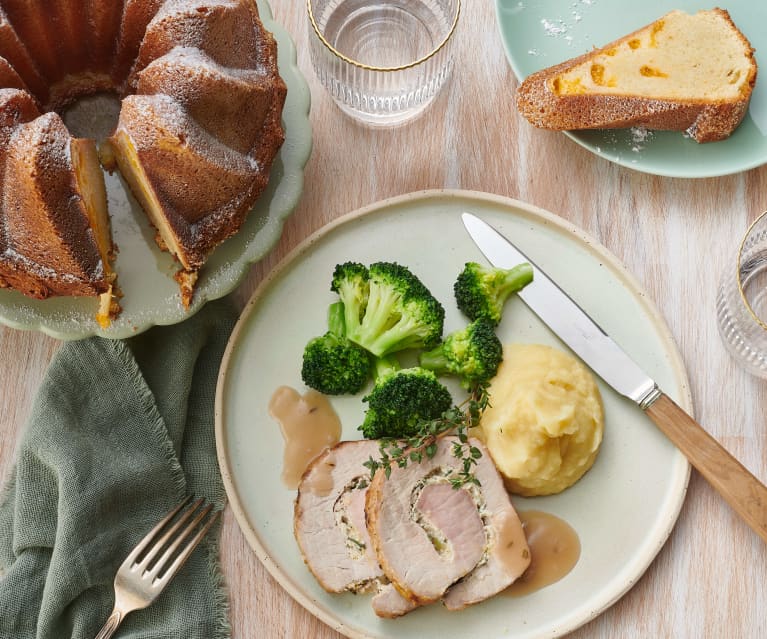 Menu: Lombata di maiale ripiena con purea di pastinache e patate e ciambellone ai mandarini