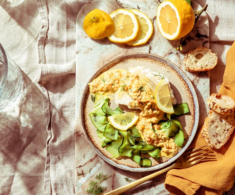 Cabillaud vapeur sauce crevettes et tagliatelle de courgette