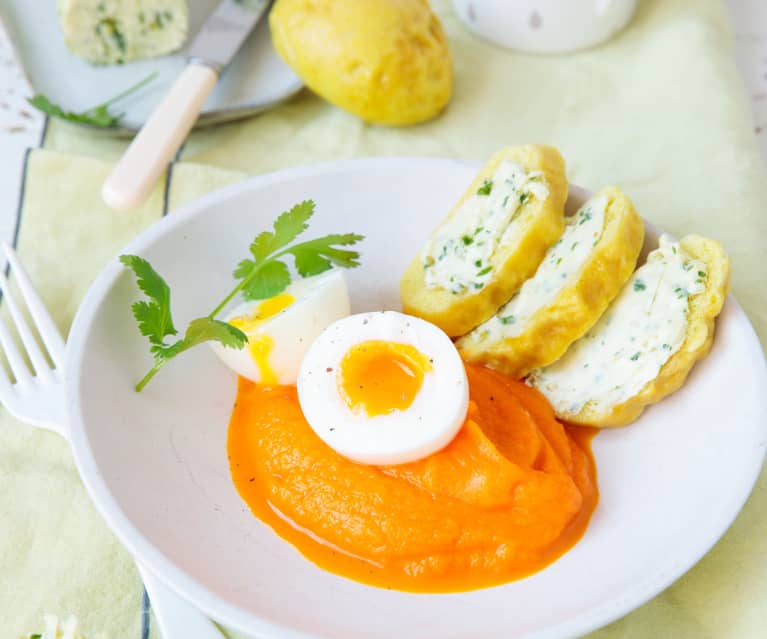 Œuf mollet, purée de carottes et petit pain coco vapeur - Cookidoo